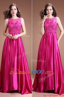 A-line Prom Dresses Hot Pink Bateau Satin Sleeveless Floor Length Zipper