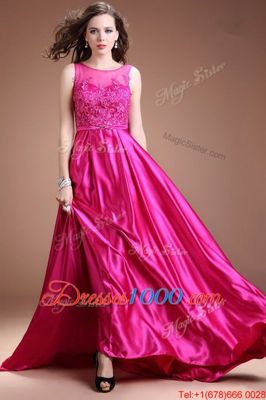 A-line Prom Dresses Hot Pink Bateau Satin Sleeveless Floor Length Zipper