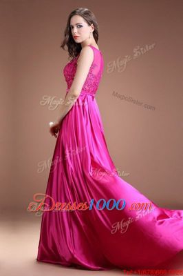 A-line Prom Dresses Hot Pink Bateau Satin Sleeveless Floor Length Zipper