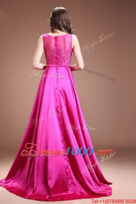 A-line Prom Dresses Hot Pink Bateau Satin Sleeveless Floor Length Zipper