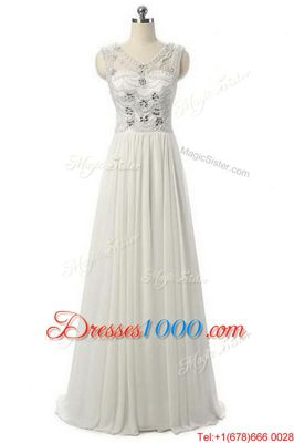 Custom Fit Floor Length White Prom Dresses V-neck Sleeveless Zipper