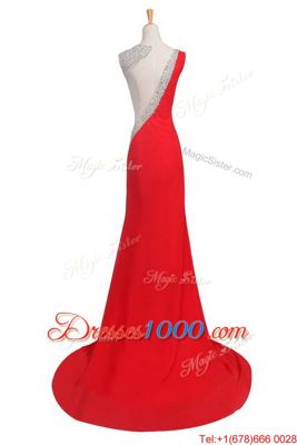 Noble One Shoulder Sleeveless Satin Evening Dress Beading Court Train Backless