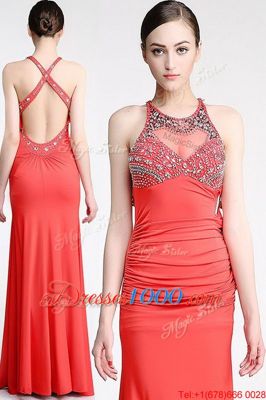 Colorful Floor Length Watermelon Red Prom Party Dress Scoop Sleeveless Criss Cross