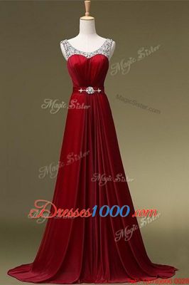 Scoop Zipper Homecoming Dress Wine Red and In for Prom and Party with Beading and Belt Brush Train