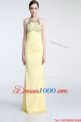 Luxurious Scoop Sleeveless Prom Party Dress Floor Length Beading and Ruching Light Yellow Chiffon