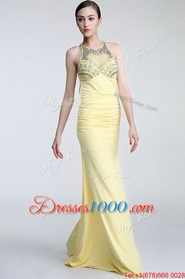 Luxurious Scoop Sleeveless Prom Party Dress Floor Length Beading and Ruching Light Yellow Chiffon