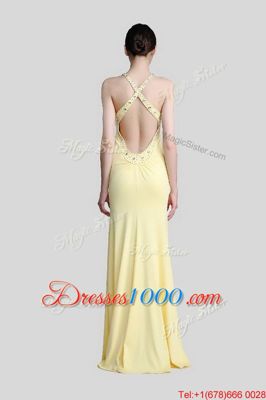 Luxurious Scoop Sleeveless Prom Party Dress Floor Length Beading and Ruching Light Yellow Chiffon