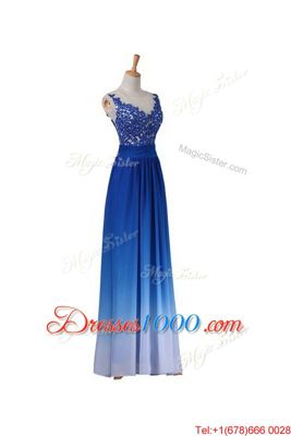 Discount V-neck Sleeveless Floor Length Lace Blue Chiffon