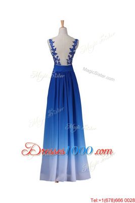 Discount V-neck Sleeveless Floor Length Lace Blue Chiffon