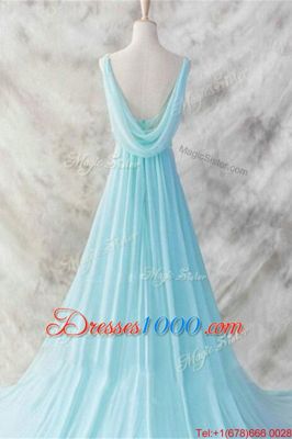 Glorious A-line Sleeveless Baby Blue Evening Dress Brush Train Backless