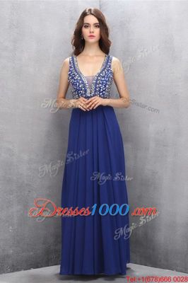 Dynamic Blue Chiffon Zipper V-neck Sleeveless Floor Length Prom Evening Gown Beading and Belt