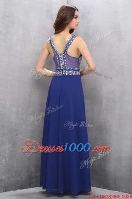 Dynamic Blue Chiffon Zipper V-neck Sleeveless Floor Length Prom Evening Gown Beading and Belt