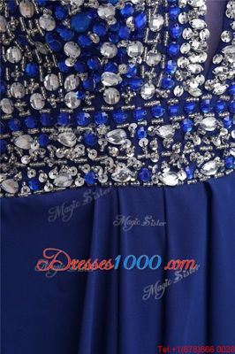 Dynamic Blue Chiffon Zipper V-neck Sleeveless Floor Length Prom Evening Gown Beading and Belt