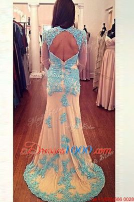 Glittering Square Long Sleeves Brush Train Zipper Prom Evening Gown White and Blue Chiffon