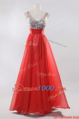 Unique Coral Red V-neck Zipper Beading Homecoming Dress Sleeveless