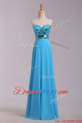 Baby Blue Zipper Prom Evening Gown Beading and Belt Sleeveless Floor Length