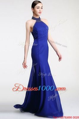 Latest Zipper Evening Dress Royal Blue and In for Prom and Party with Lace Sweep Train