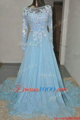 Adorable Baby Blue Prom Dresses Organza Court Train Long Sleeves Appliques and Belt