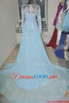 Adorable Baby Blue Prom Dresses Organza Court Train Long Sleeves Appliques and Belt