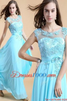 Gorgeous Scoop Aqua Blue Chiffon Zipper Evening Dress Sleeveless Floor Length Appliques