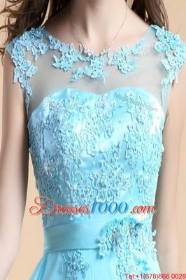 Gorgeous Scoop Aqua Blue Chiffon Zipper Evening Dress Sleeveless Floor Length Appliques