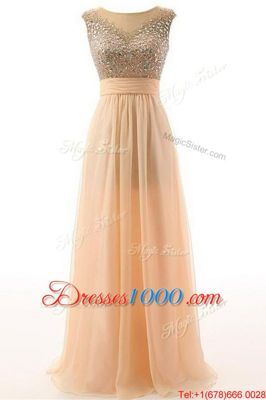 Stunning Scoop Floor Length Peach Dress for Prom Organza Sleeveless Beading and Belt