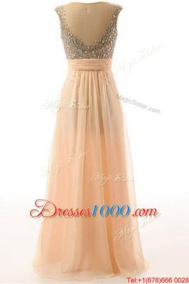 Stunning Scoop Floor Length Peach Dress for Prom Organza Sleeveless Beading and Belt