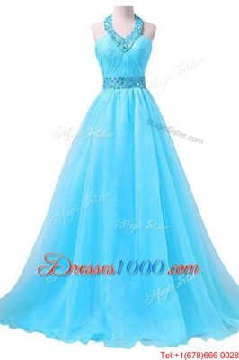 Halter Top Aqua Blue Lace Up Junior Homecoming Dress Beading and Belt Sleeveless Floor Length