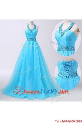 Halter Top Aqua Blue Lace Up Junior Homecoming Dress Beading and Belt Sleeveless Floor Length