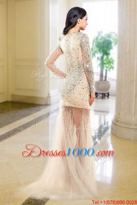 Pretty V-neck Long Sleeves Prom Party Dress Floor Length Beading Peach Tulle