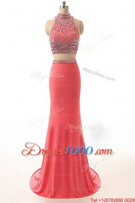 Romantic Sleeveless Satin Brush Train Backless Homecoming Dress in Watermelon Red for with Beading and Appliques and Belt
