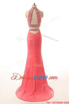 Romantic Sleeveless Satin Brush Train Backless Homecoming Dress in Watermelon Red for with Beading and Appliques and Belt