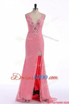 Attractive Rose Pink Backless V-neck Lace and Appliques Dress for Prom Organza Sleeveless Sweep Train