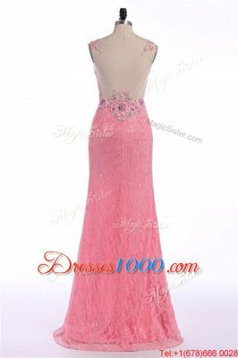 Attractive Rose Pink Backless V-neck Lace and Appliques Dress for Prom Organza Sleeveless Sweep Train