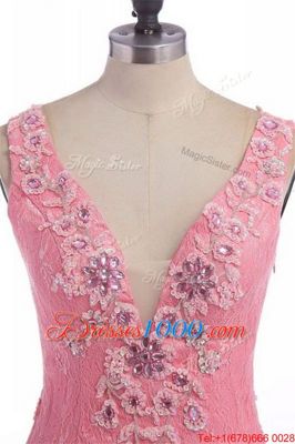 Attractive Rose Pink Backless V-neck Lace and Appliques Dress for Prom Organza Sleeveless Sweep Train