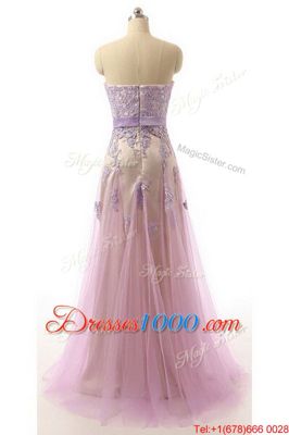 Great Lilac Prom Party Dress Prom and Party and For with Lace and Appliques and Belt Sweetheart Sleeveless Brush Train Zipper