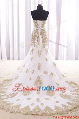 Enchanting Mermaid With Train White Evening Dress Sweetheart Sleeveless Brush Train Lace Up