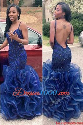Unique Mermaid Navy Blue Sleeveless Floor Length Ruffles Backless Prom Party Dress