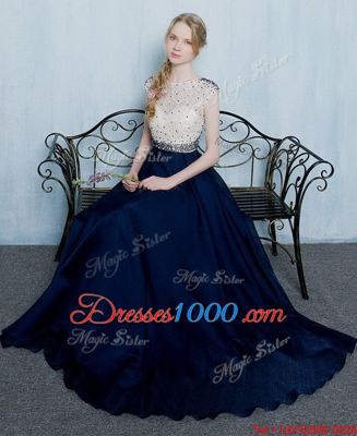 Scoop Floor Length Column/Sheath Cap Sleeves Navy Blue Formal Evening Gowns Zipper