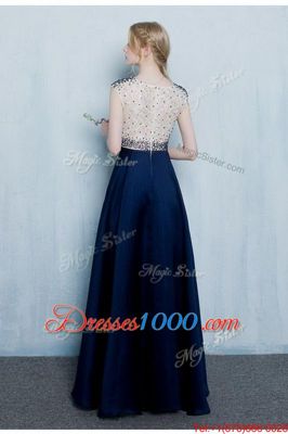 Scoop Floor Length Column/Sheath Cap Sleeves Navy Blue Formal Evening Gowns Zipper