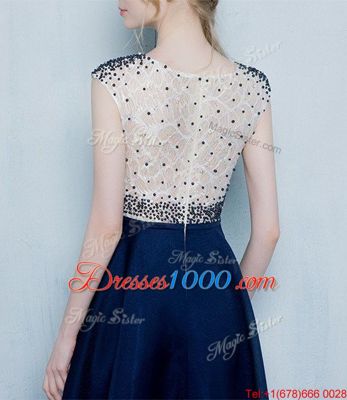 Scoop Floor Length Column/Sheath Cap Sleeves Navy Blue Formal Evening Gowns Zipper