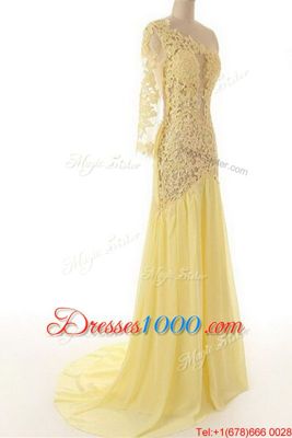 One Shoulder Side Zipper Dress for Prom Light Yellow and In for Prom and Party with Lace Sweep Train