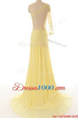 One Shoulder Side Zipper Dress for Prom Light Yellow and In for Prom and Party with Lace Sweep Train