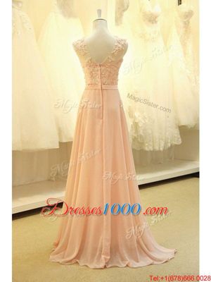 Modern Peach Scoop Zipper Lace and Belt Prom Evening Gown Sweep Train Sleeveless