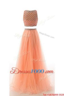 Classical Orange A-line Organza Scoop Sleeveless Beading and Belt Side Zipper Juniors Evening Dress Sweep Train