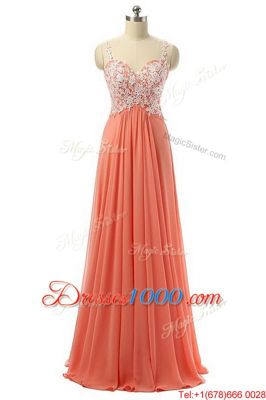 Watermelon Red Spaghetti Straps Zipper Beading and Appliques Prom Dresses Sleeveless