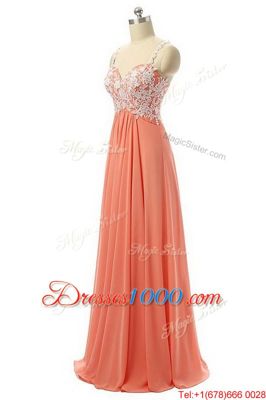 Watermelon Red Spaghetti Straps Zipper Beading and Appliques Prom Dresses Sleeveless