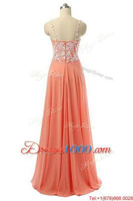 Watermelon Red Spaghetti Straps Zipper Beading and Appliques Prom Dresses Sleeveless