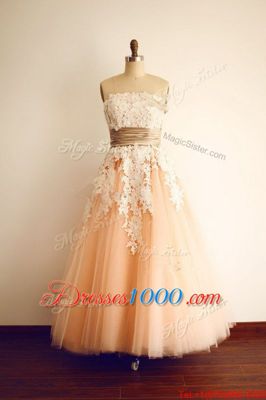 Peach A-line Strapless Sleeveless Organza Floor Length Zipper Lace and Appliques and Belt Prom Evening Gown