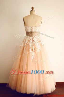 Peach A-line Strapless Sleeveless Organza Floor Length Zipper Lace and Appliques and Belt Prom Evening Gown